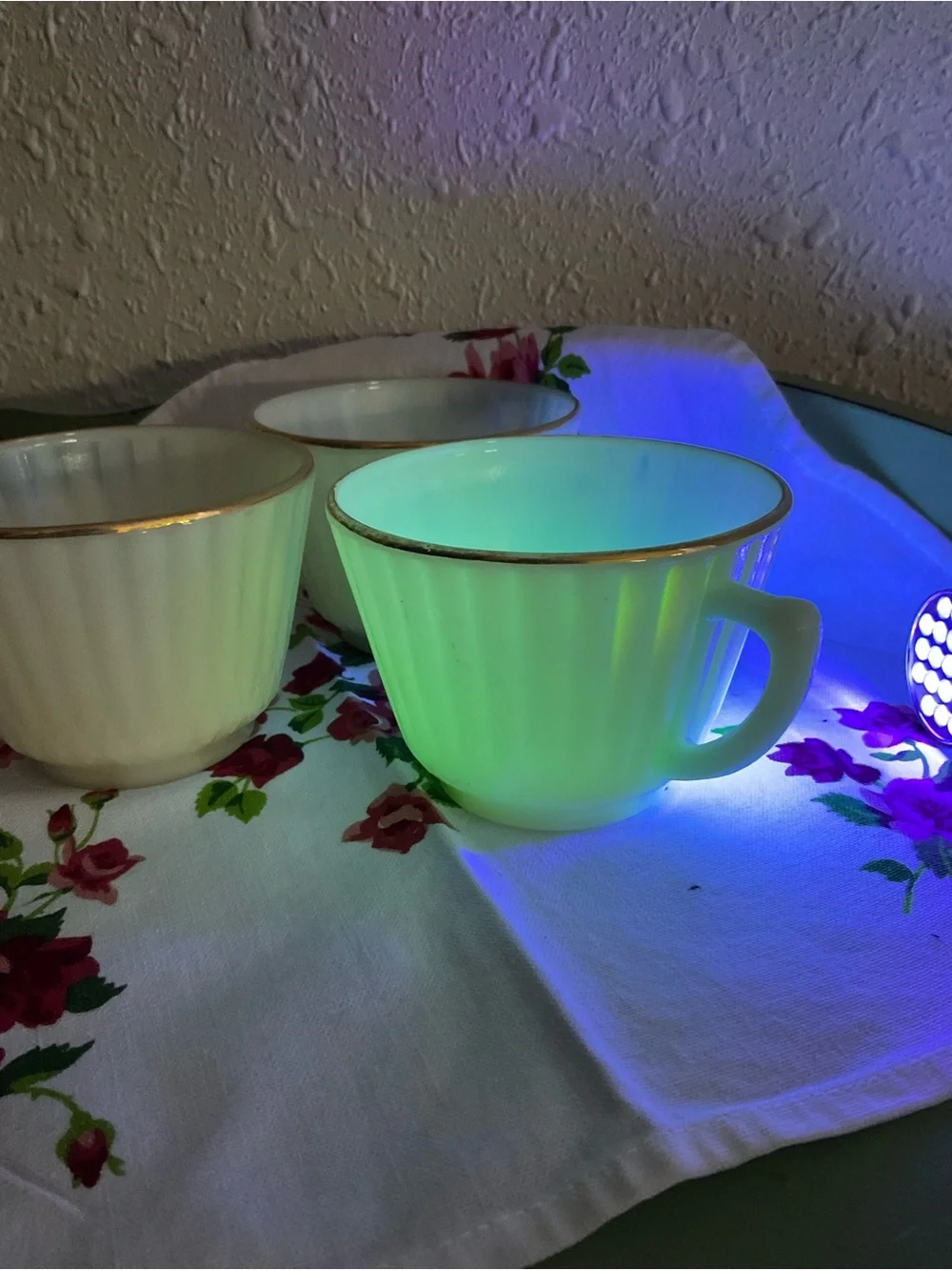 Uranium Milk Glass Vintage Set of 3 Cup Mug Paneled Coffee Tea
